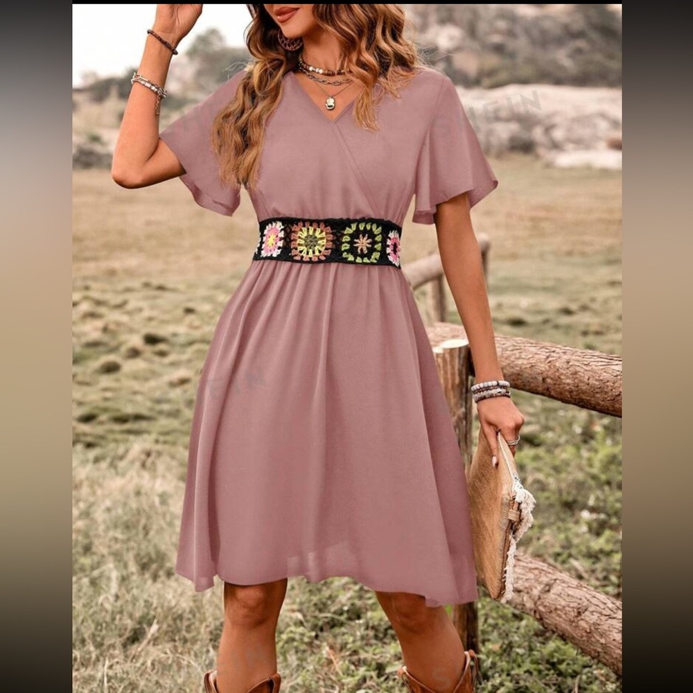 SHEIN VCAY Women's Summer Crochet Waist Ruffle Casual Dress
